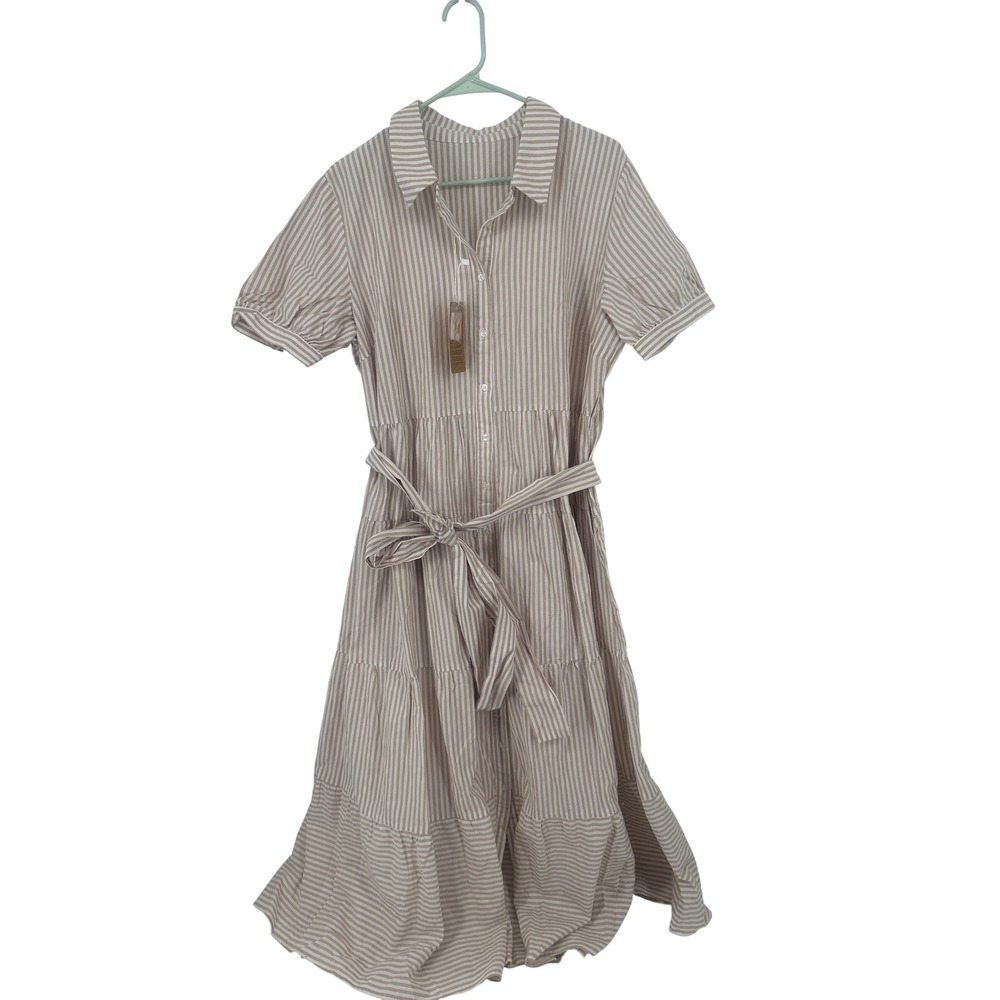 Utcoco Tan White Striped Shirt Dress Cotton Tiered Midi Short Sleeve XL NWT